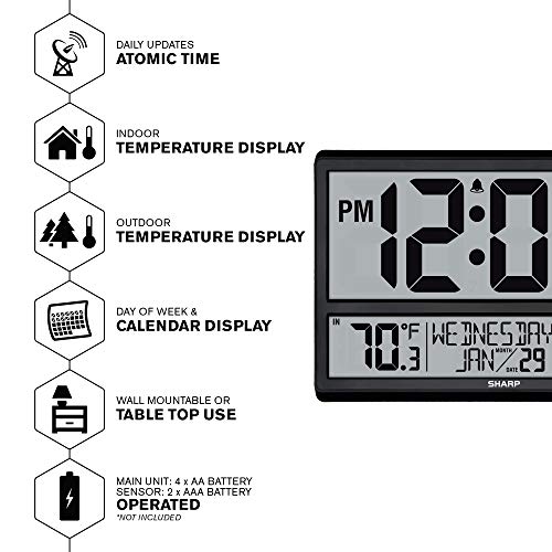 Sharp Atomic Clock - Never Needs Setting! –Easy to Read Numbers - Indoor/Outdoor Temperature, Wireless Outdoor Sensor - Battery Powered - Easy Set-Up (4" Numbers) - Image 3
