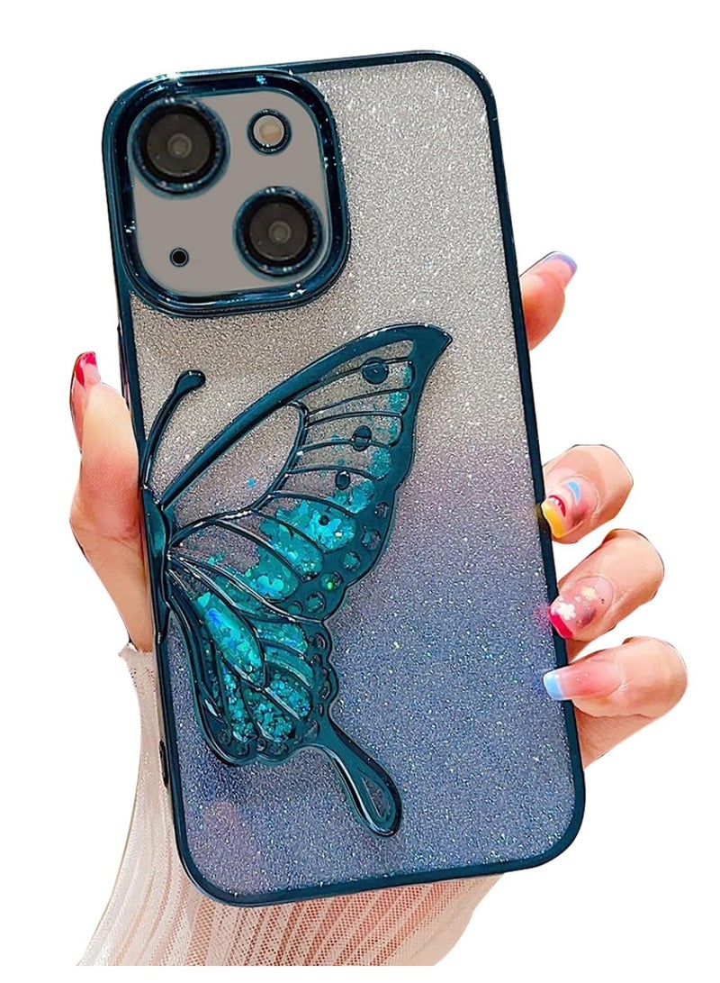 mobistyle Silicone Designed For iPhone 13 Cover with Glitter Cute Butterfly Electroplate Plating Design Back Cover Case For Women Teen Girls (Blue) - Image 1