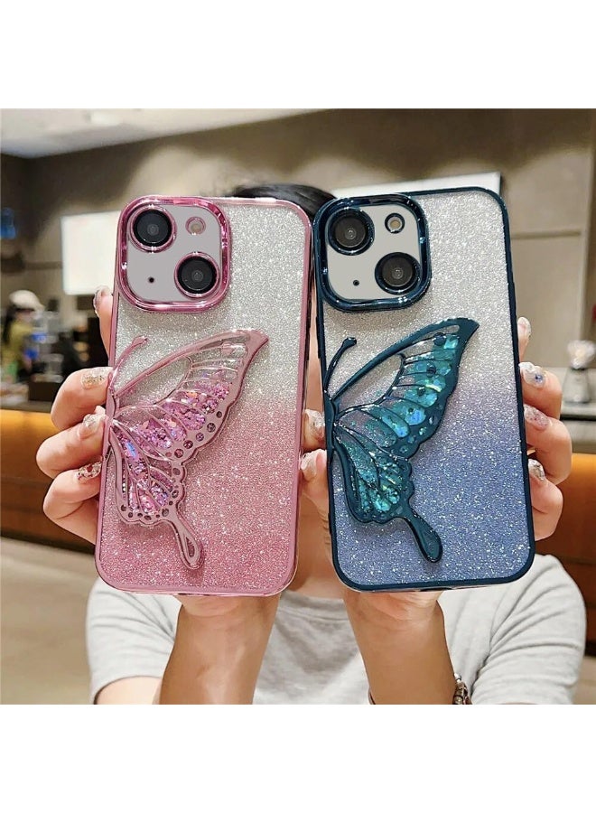 mobistyle Silicone Designed For iPhone 13 Cover with Glitter Cute Butterfly Electroplate Plating Design Back Cover Case For Women Teen Girls (Blue) - Image 5