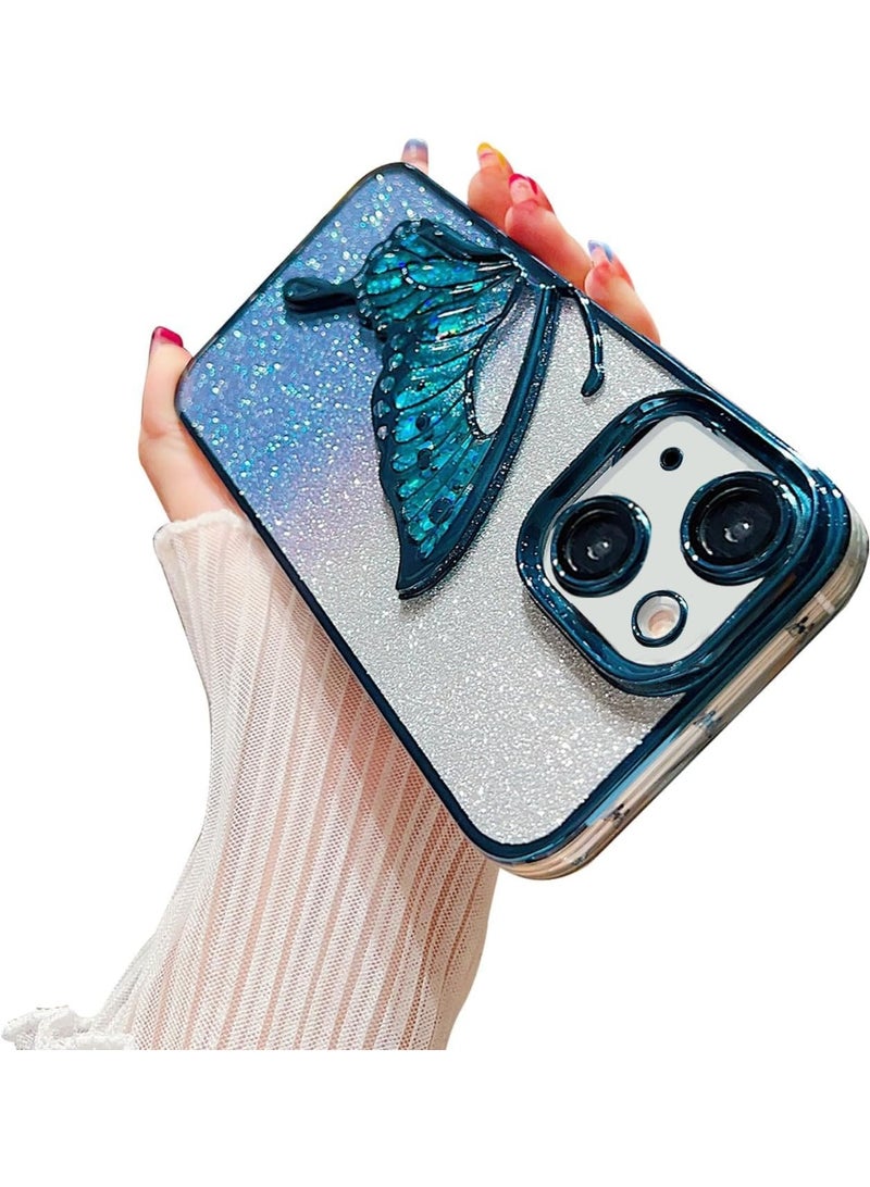mobistyle Silicone Designed For iPhone 13 Cover with Glitter Cute Butterfly Electroplate Plating Design Back Cover Case For Women Teen Girls (Blue) - Image 3