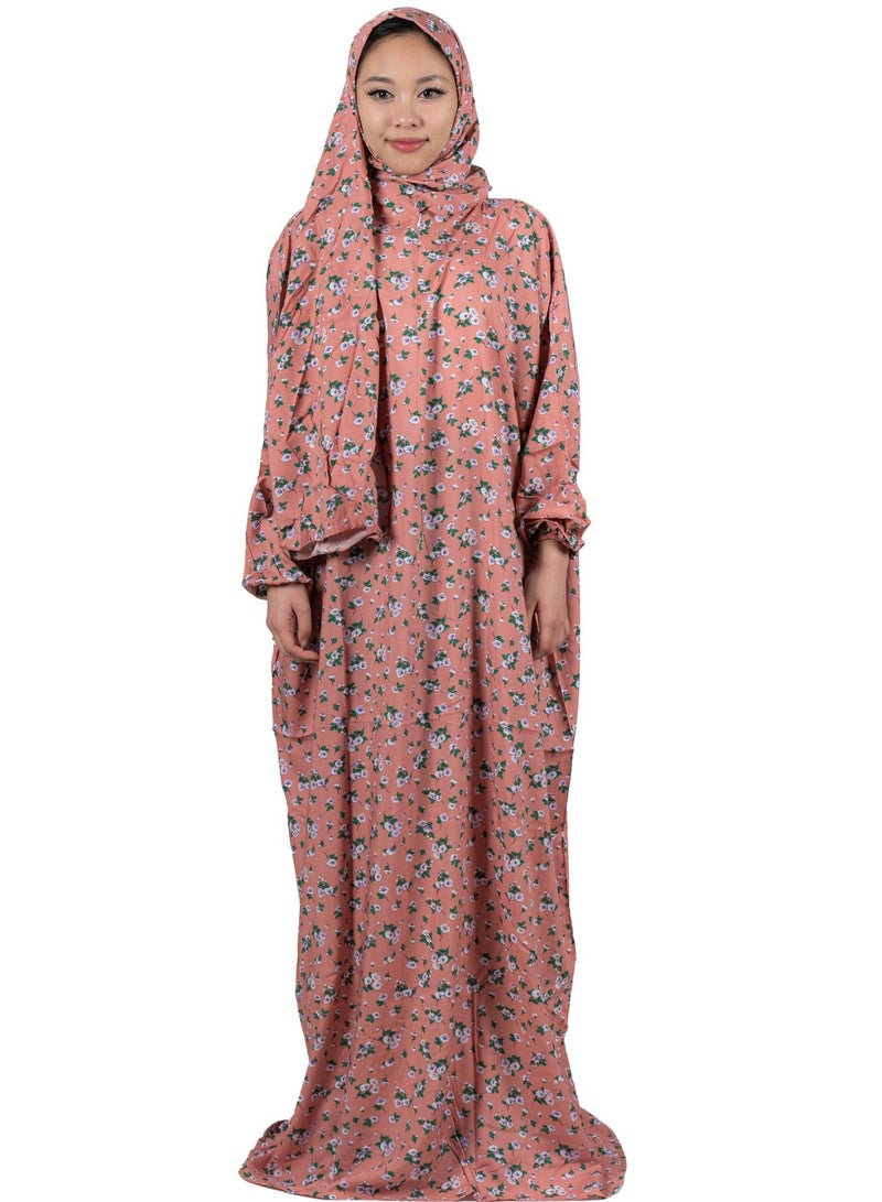 أبشر فستان صلاة بطبعة زهور، طول كامل مع شال، جلابية إسلامية من قطعة واحدة بأكمام طويلة، مقاس واحد