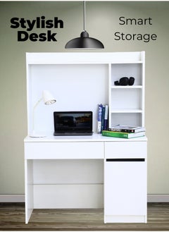 AFT Multifunctional White Study Desk with Shelves, Drawers, and Cupboards – 141cm Height, 100cm Width, Premium 18mm  MDF Construction, Ideal for Home Office or Study Room. White (Arfan)  - Image 1