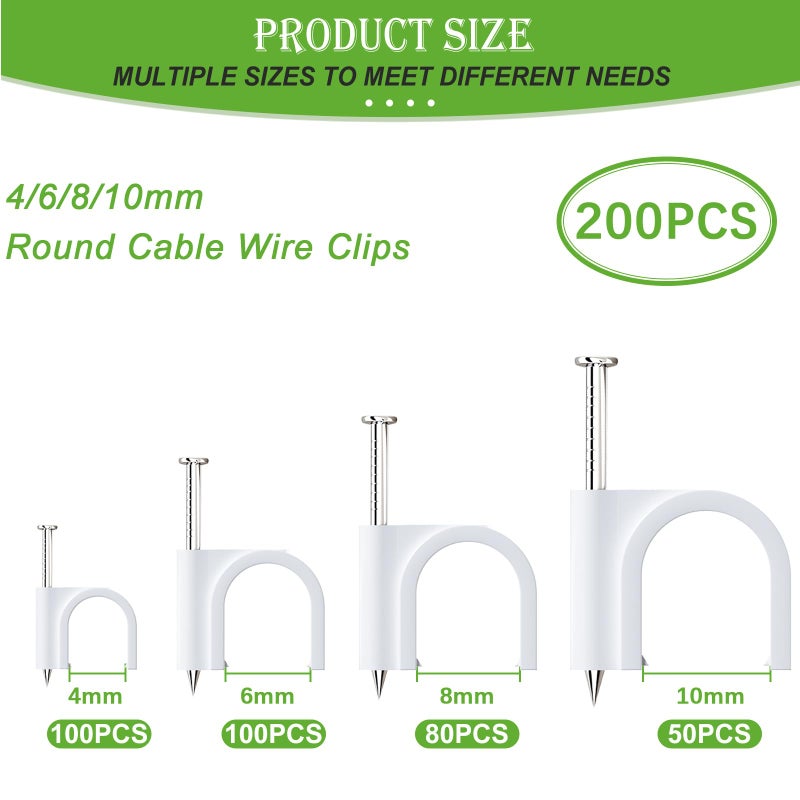 mxuteuk 200PCS Cable Clips with Steel Nails,4/6/8/10mm Round White Cable Wire Clips,Wall Clips for Cords,Cable Cord Clips for RG6 RG59 CAT6 RJ45 - Image 2