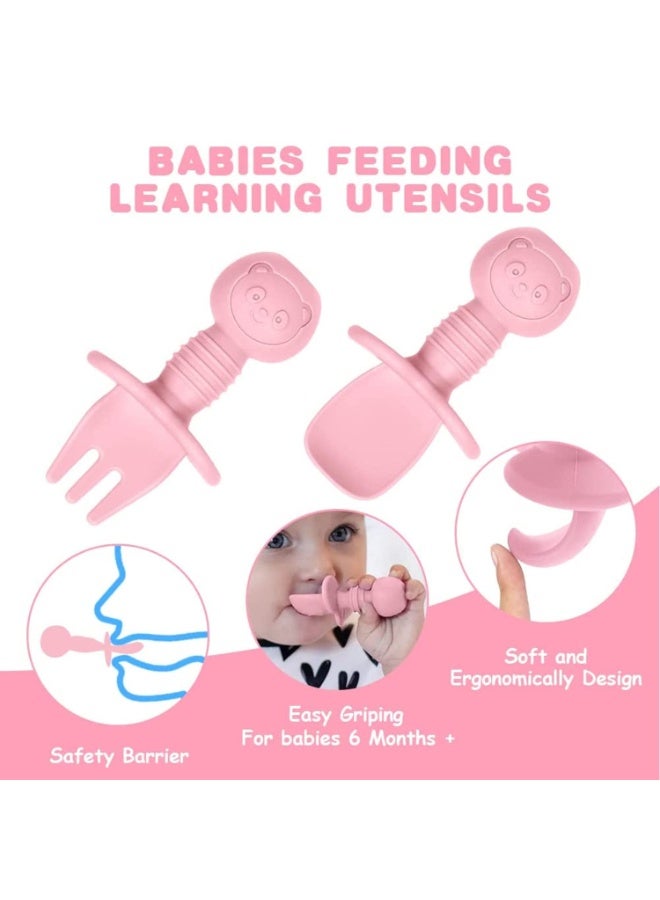 JZS Baby Spoon & Fork Set Silicone Self Feeding Utensil Easy Grip Toddler Anti-Choke First First Led Training Weaning with Carry Case for Infant Toddler Children 6-12 Month(Pink) - Image 4