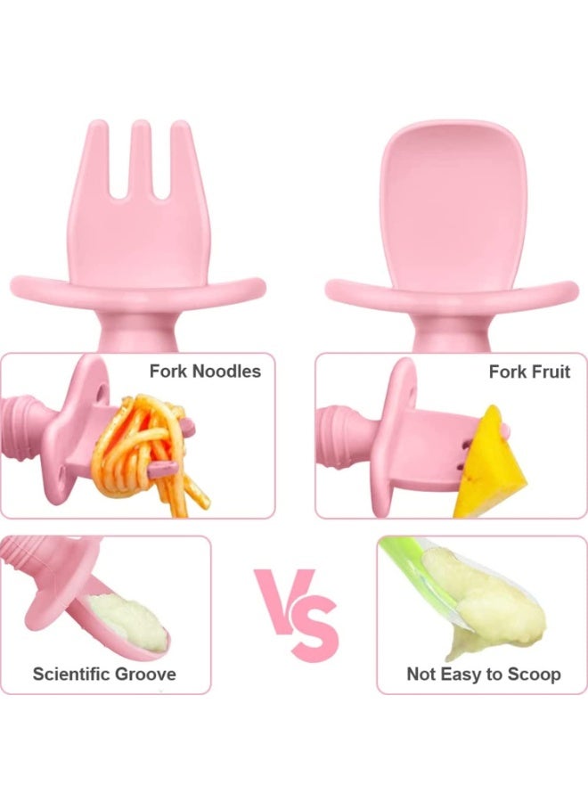 JZS Baby Spoon & Fork Set Silicone Self Feeding Utensil Easy Grip Toddler Anti-Choke First First Led Training Weaning with Carry Case for Infant Toddler Children 6-12 Month(Pink) - Image 5
