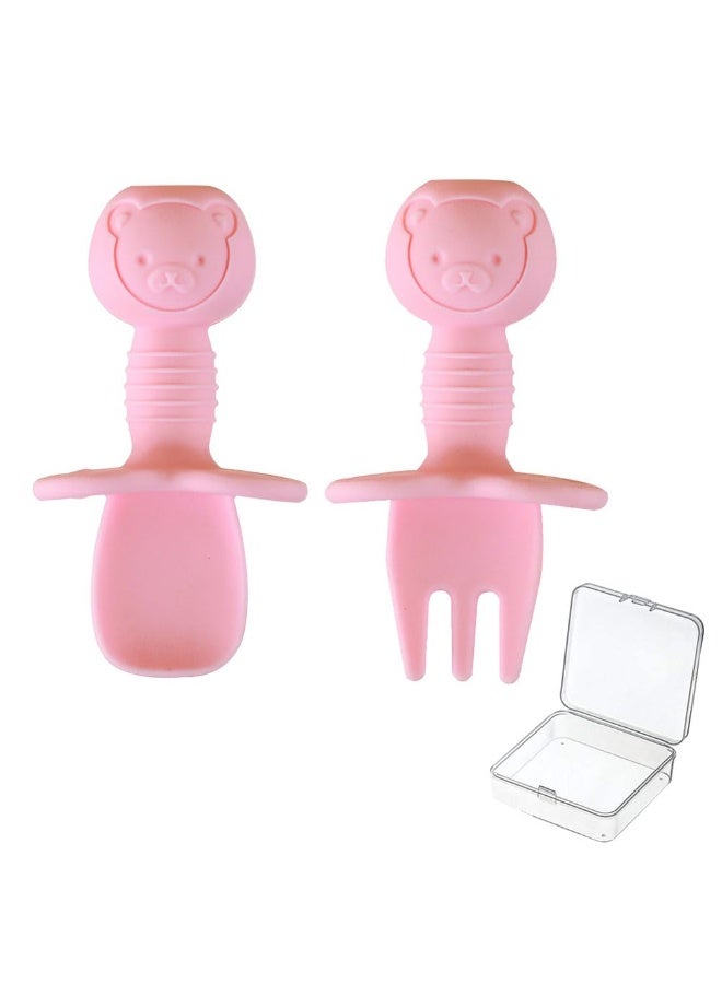 JZS Baby Spoon & Fork Set Silicone Self Feeding Utensil Easy Grip Toddler Anti-Choke First First Led Training Weaning with Carry Case for Infant Toddler Children 6-12 Month(Pink) - Image 1