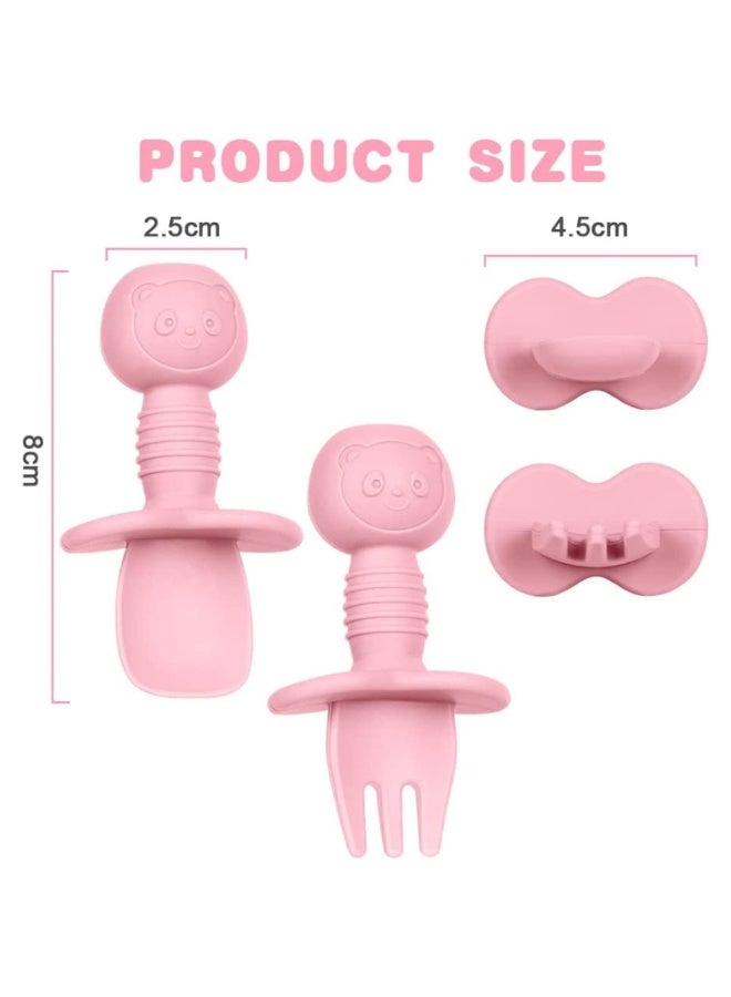 JZS Baby Spoon & Fork Set Silicone Self Feeding Utensil Easy Grip Toddler Anti-Choke First First Led Training Weaning with Carry Case for Infant Toddler Children 6-12 Month(Pink) - Image 2