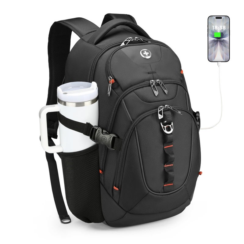 Swissdigital Design Laptop Backpack with USB Charging Port, Travel Backpack Fits 15.6 inches Computer, 31L College School Backpack for Men, Black | SD803-01 - Image 1