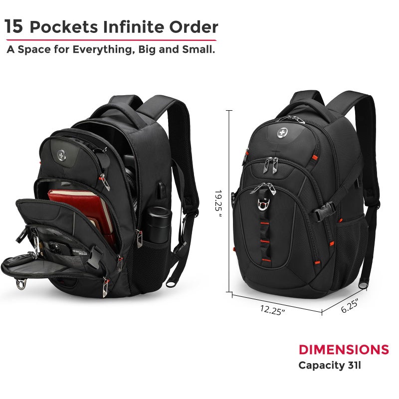 Swissdigital Design Laptop Backpack with USB Charging Port, Travel Backpack Fits 15.6 inches Computer, 31L College School Backpack for Men, Black | SD803-01 - Image 3
