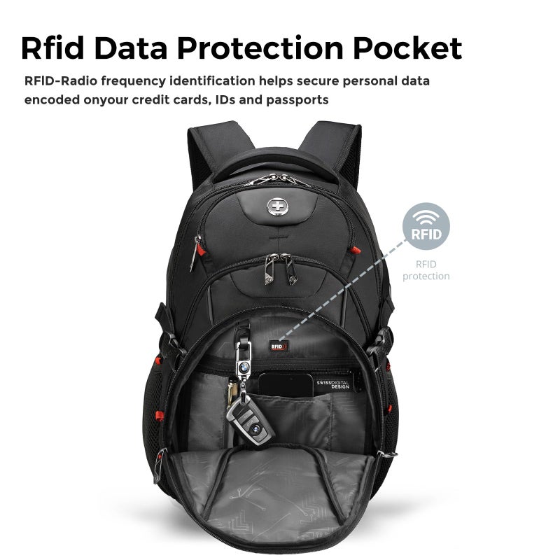 Swissdigital Design Laptop Backpack with USB Charging Port, Travel Backpack Fits 15.6 inches Computer, 31L College School Backpack for Men, Black | SD803-01 - Image 5