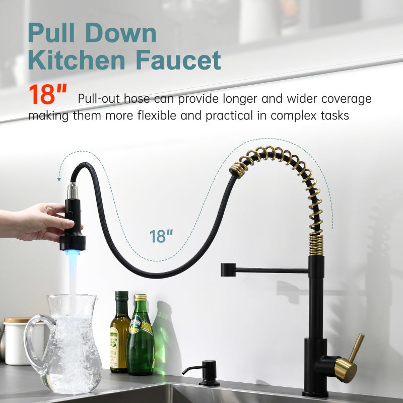 GIMILI Black and Gold Kitchen Faucet with Soap Dispenser Single Hole Pull Down Sprayer LED Faucet, Suitable for Farmhouses, RV, Laundry Room, Outdoor, and Campers. Llave para fregadero de cocina - Image 5