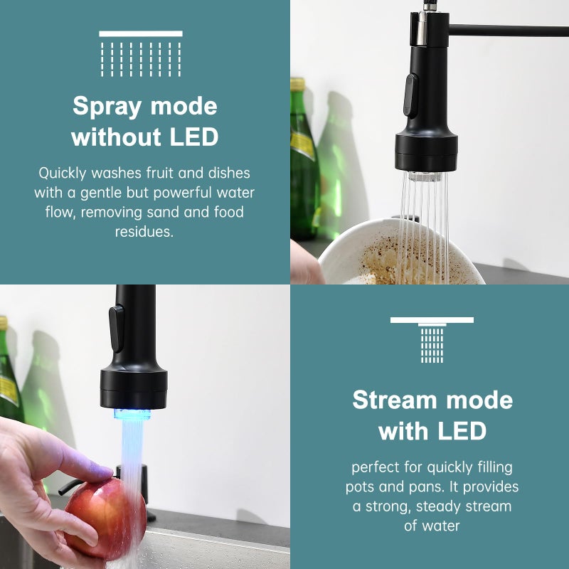GIMILI Black and Gold Kitchen Faucet with Soap Dispenser Single Hole Pull Down Sprayer LED Faucet, Suitable for Farmhouses, RV, Laundry Room, Outdoor, and Campers. Llave para fregadero de cocina - Image 4