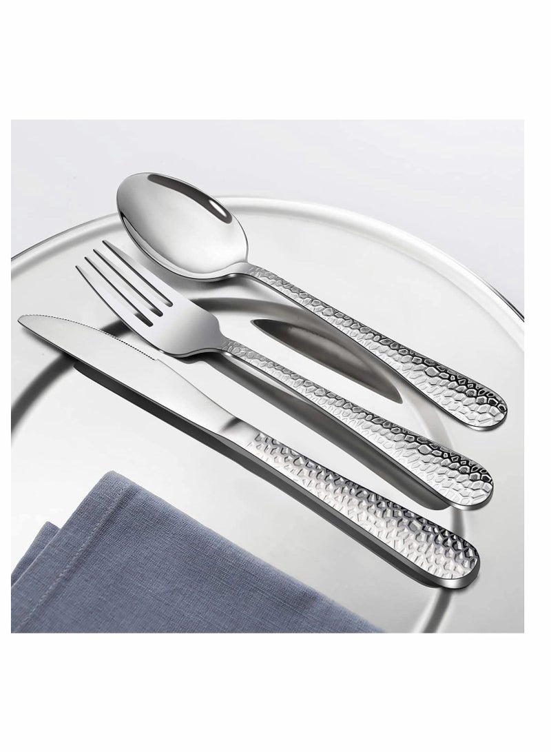 Stainless Steel Flatware Silverware Set, Hammered Design Knife Fork Spoon Set for Home Camping Party, Dishwasher Safe, 16 Pieces - Image 2