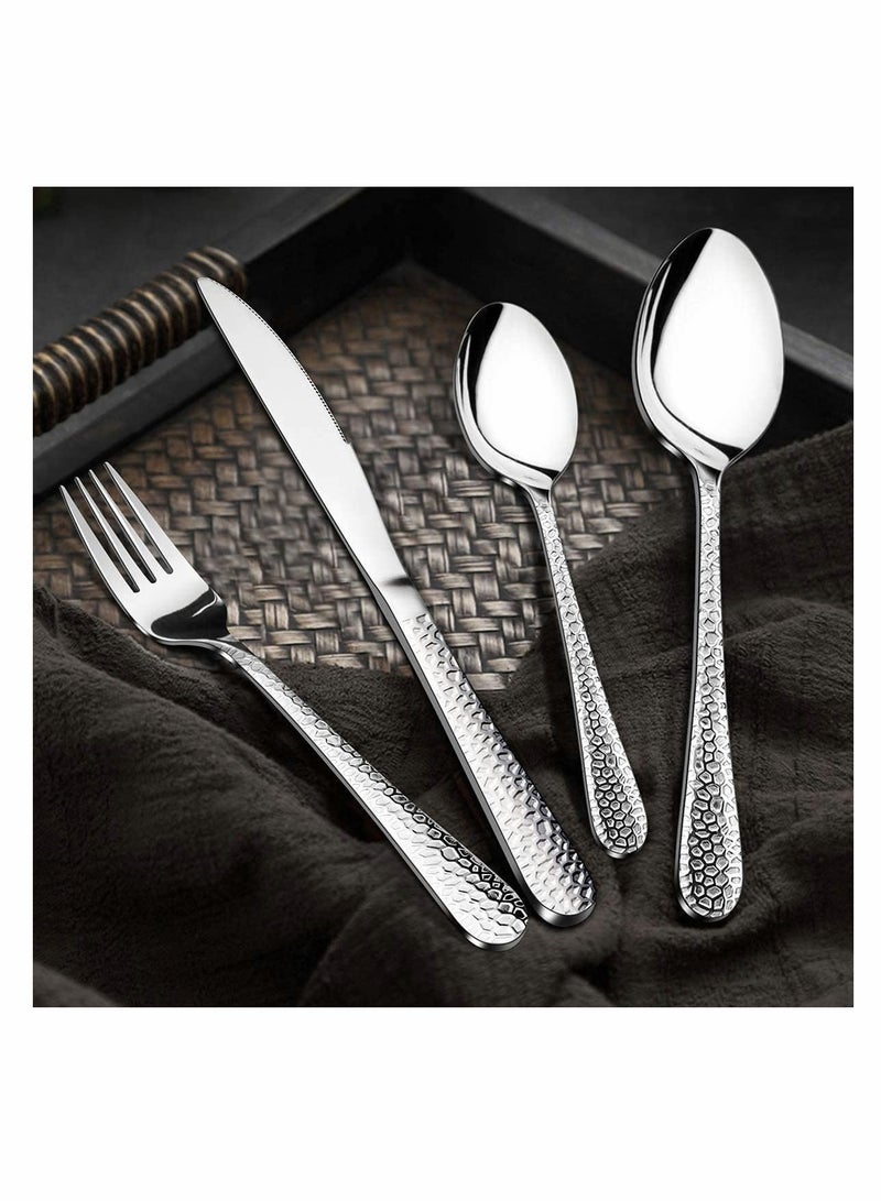 Stainless Steel Flatware Silverware Set, Hammered Design Knife Fork Spoon Set for Home Camping Party, Dishwasher Safe, 16 Pieces - Image 4