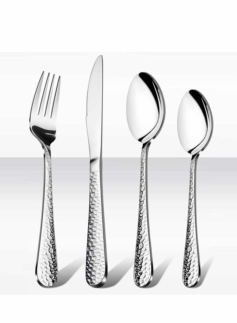 Stainless Steel Flatware Silverware Set, Hammered Design Knife Fork Spoon Set for Home Camping Party, Dishwasher Safe, 16 Pieces - Image 1