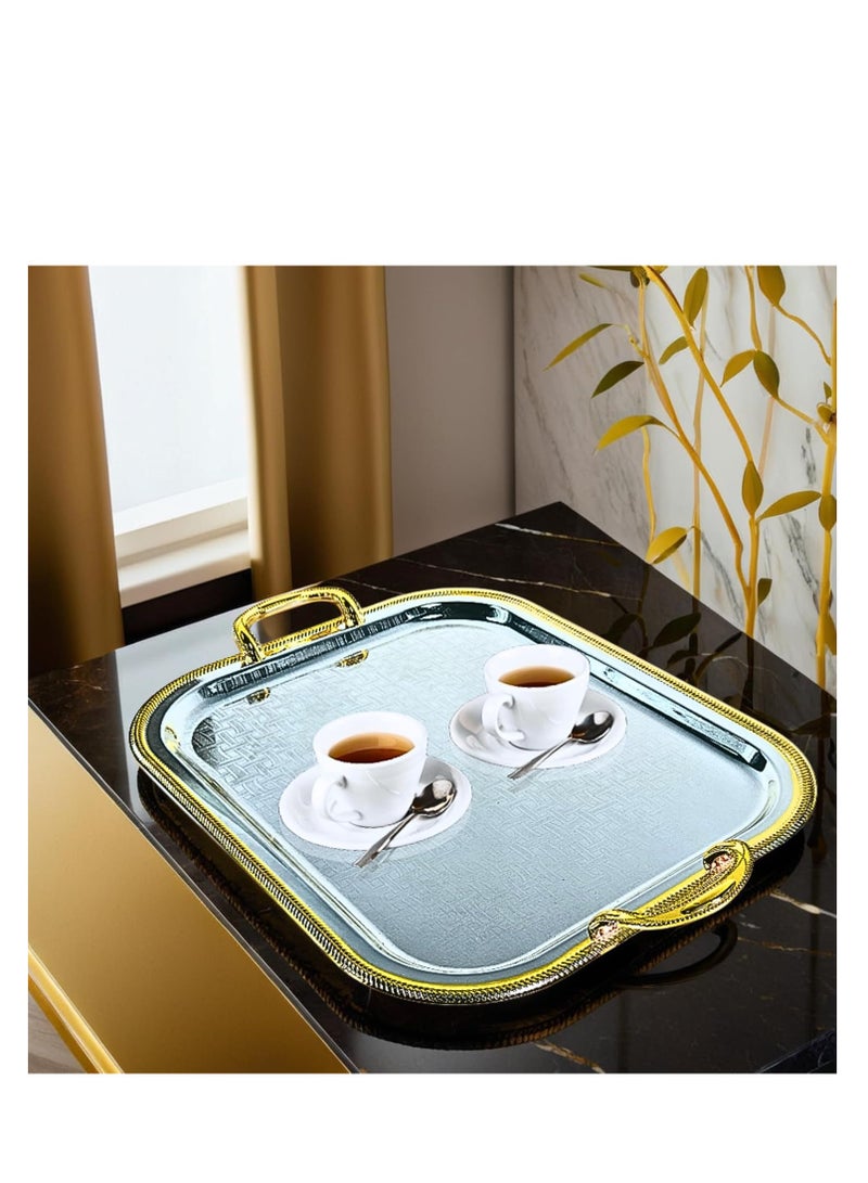 دبيلو تي- إيزي كير صينية تقديم مطلية بالكروم فضية/ذهبية بمقابض - صينية فولاذية مستطيلة الشكل بلمسة نهائية عاكسة، متعددة الاستخدامات للبوفيه، وغرفة الطعام، وغرفة المعيشة، وديكور غرفة النوم، والهدايا، 47 × 37.5 سم (طول × عرض) - Image 1