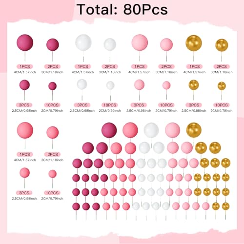 NACHLYNN 80 Pcs Cake Balls Decorations Mini Balloon Cake Topper Balls Foam Cupcake Toppers Balls for Cake Decorating Birthday Parties Weddings Anniversary Pink Gold Series - Image 5