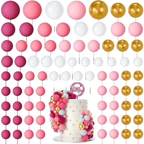 NACHLYNN 80 Pcs Cake Balls Decorations Mini Balloon Cake Topper Balls Foam Cupcake Toppers Balls for Cake Decorating Birthday Parties Weddings Anniversary Pink Gold Series - Image 1