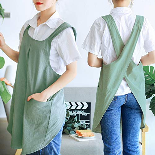 NEWGEM Japanese Linen Cross Back Kitchen Cooking Aprons for Men with Pockets for Baking Painting Gardening Cleaning Light Green - Image 3