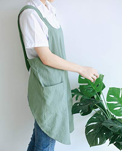 NEWGEM Japanese Linen Cross Back Kitchen Cooking Aprons for Men with Pockets for Baking Painting Gardening Cleaning Light Green - Image 4