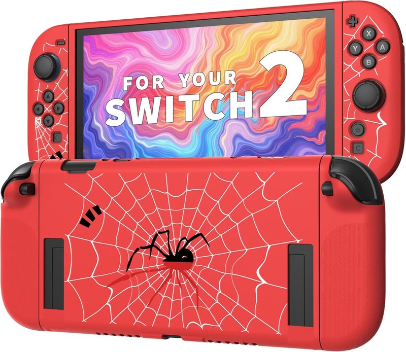 Jemdo Textured Grip Protective Case Compatible with Nintendo Switch 2 (2025) Only – Spider Web Design, Red Matte Shockproof TPU Shell with Anti-Slip Handles, Ergonomic & Comfort Slim Dockable Back Cover - Image 1
