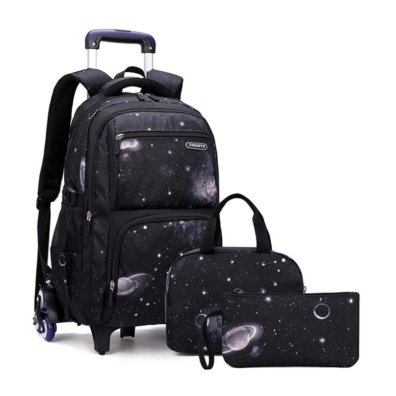 3Pcs Galaxy Boys Rolling Backpack Set with Lunch Bag Galaxy Print Kids Backpack for Boys with Wheels