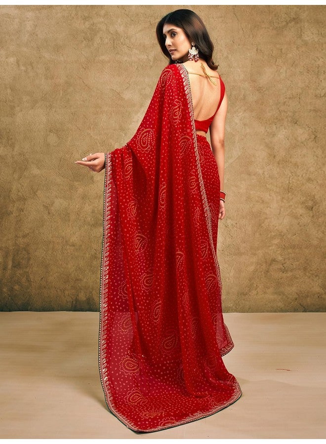 Satrani Women's Georgette Bandhani Printed Saree with Unstitched Blouse Piece (4010S264N_Red1) - Image 2