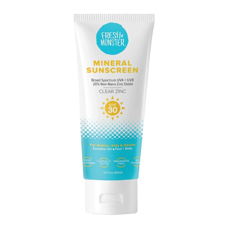 Fresh Monster واقي شمس يومي للأطفال، SPF 30 UVA/UVB، واقي شمس معدني غير نانو أكسيد الزنك الشفاف، واقي شمس للوجه والجسم، آمن للشعاب المرجانية، واقي شمس مضاد للحساسية للأطفال - Image 1