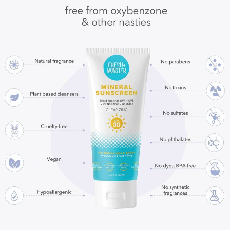 Fresh Monster واقي شمس يومي للأطفال، SPF 30 UVA/UVB، واقي شمس معدني غير نانو أكسيد الزنك الشفاف، واقي شمس للوجه والجسم، آمن للشعاب المرجانية، واقي شمس مضاد للحساسية للأطفال - Image 4