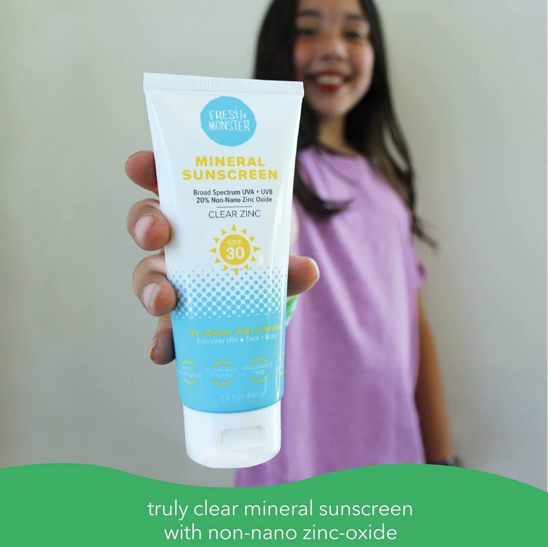 Fresh Monster واقي شمس يومي للأطفال، SPF 30 UVA/UVB، واقي شمس معدني غير نانو أكسيد الزنك الشفاف، واقي شمس للوجه والجسم، آمن للشعاب المرجانية، واقي شمس مضاد للحساسية للأطفال - Image 3