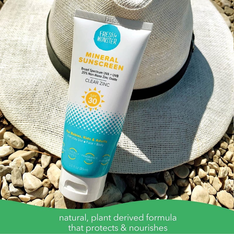 Fresh Monster واقي شمس يومي للأطفال، SPF 30 UVA/UVB، واقي شمس معدني غير نانو أكسيد الزنك الشفاف، واقي شمس للوجه والجسم، آمن للشعاب المرجانية، واقي شمس مضاد للحساسية للأطفال - Image 5