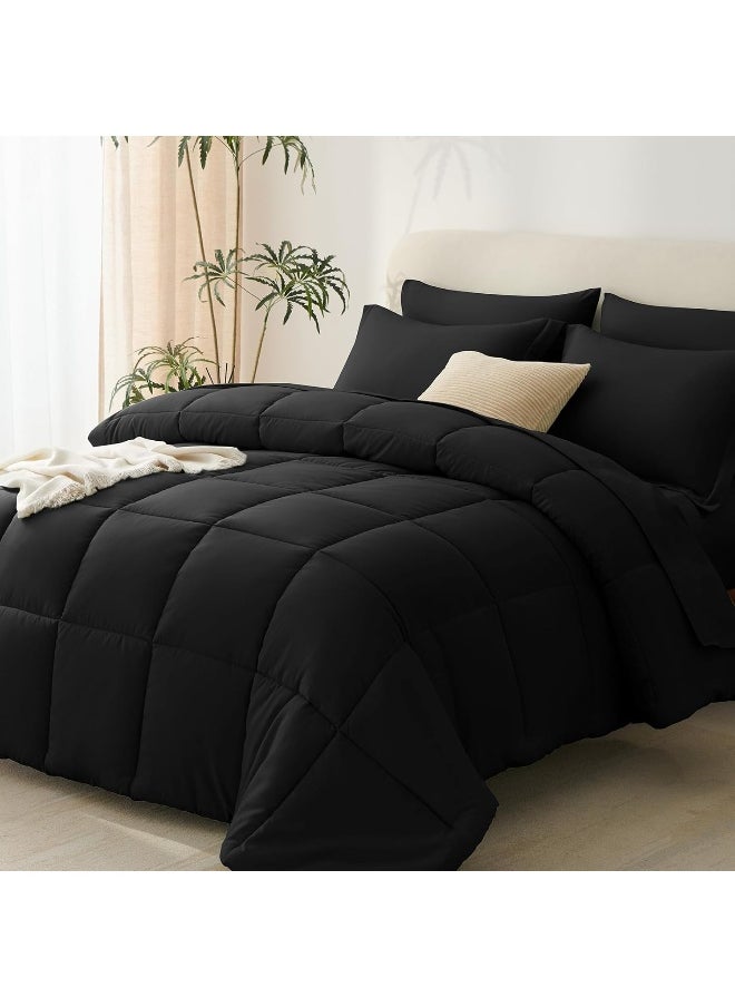 Generic CozyLux Queen Comforter Set - 7 Pieces Bed in a Bag Set Black Queen, Complete Bedding Sets Bed Set for All Season with Comforter, Flat Sheets, Fitted Sheet, Pillowcases & Shams  - Image 1