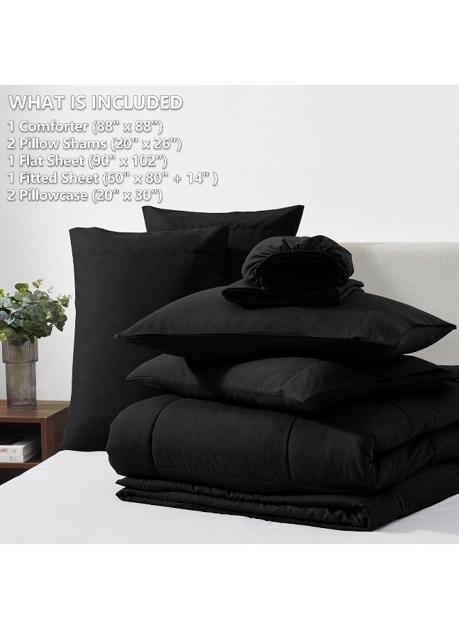 Generic CozyLux Queen Comforter Set - 7 Pieces Bed in a Bag Set Black Queen, Complete Bedding Sets Bed Set for All Season with Comforter, Flat Sheets, Fitted Sheet, Pillowcases & Shams  - Image 5