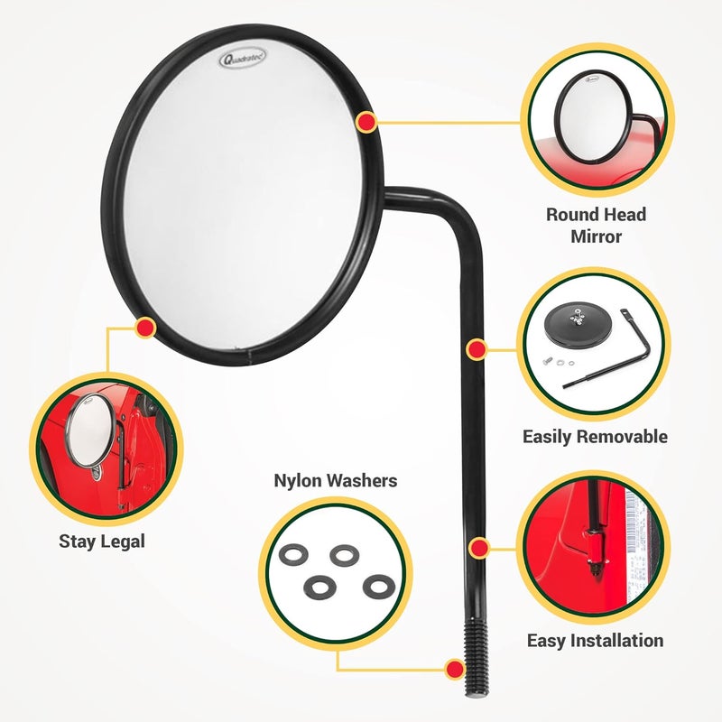 Quadratec Adventure Doorless Mirrors with Round Head - Pair of 2 for Jeep Wrangler & Gladiator (1976-2022) - Image 5