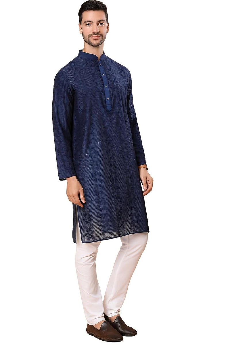 SWAGG INDIA كُرتا مستقيم مزخرف بخيوط لامعة من مزيج الرايون للرجال | ملابس تقليدية - Image 1