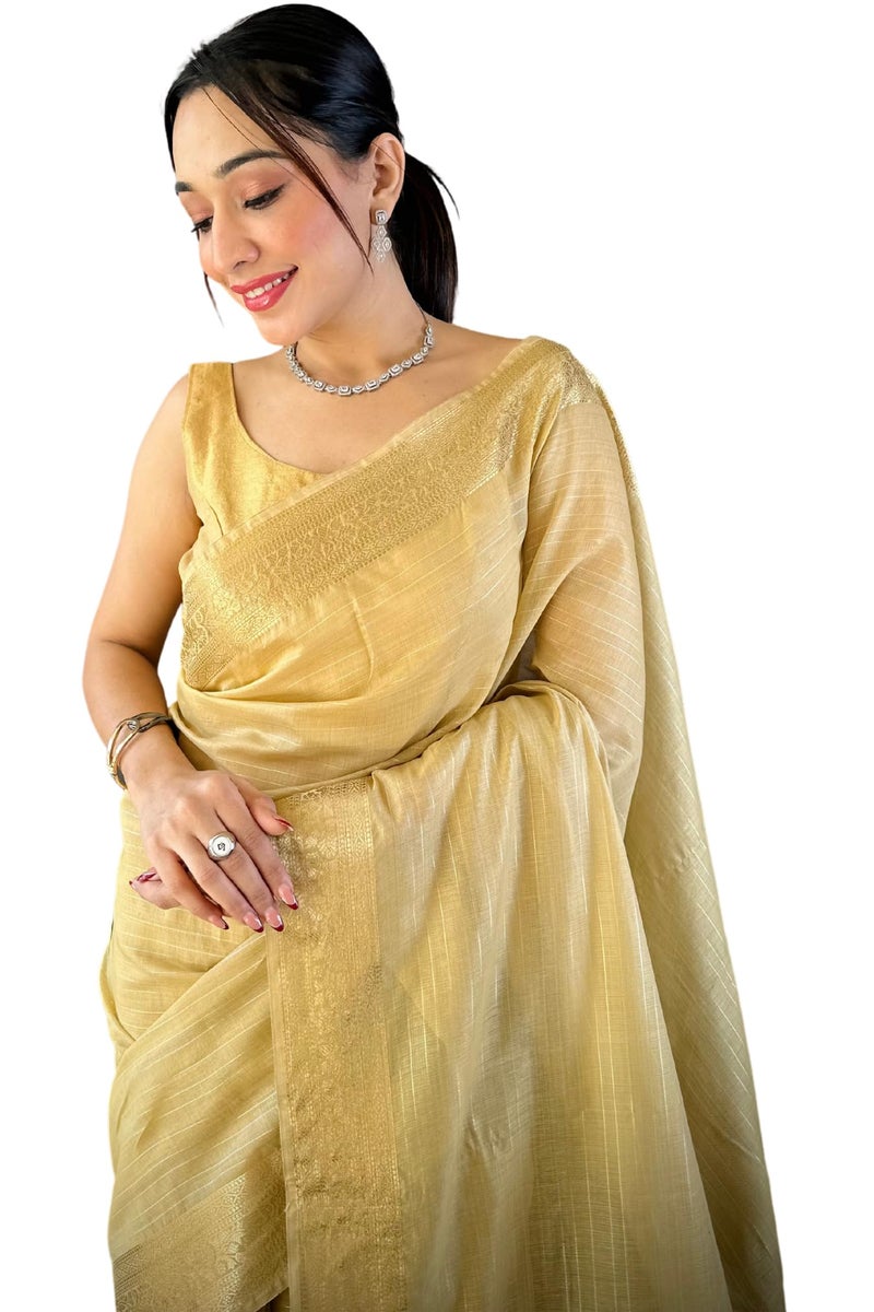 SGF11 Women's Kanjivaram Pure Soft Silk Saree With Blouse Piece (Cream) - Image 1