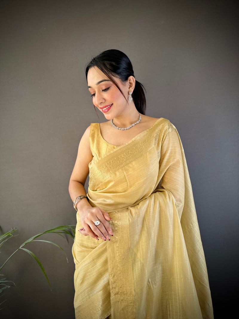 SGF11 Women's Kanjivaram Pure Soft Silk Saree With Blouse Piece (Cream) - Image 2