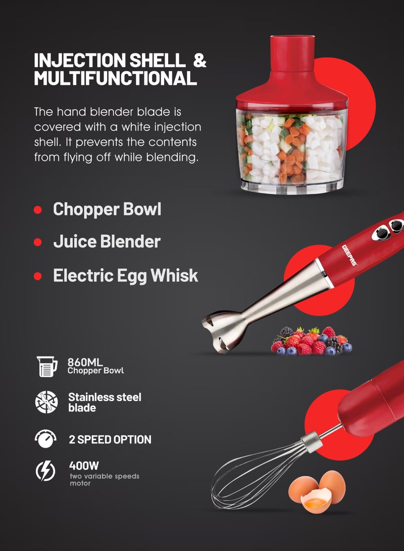 GEEPAS Hand Blender - Stainless Steel Blades with 2 Speed for Baby Food, Soup, Juice | 860ml Chopper Bowl & Electric Egg Whisk - 2 Years Warranty GHB6136 Red/Silver/Clear - Image 3
