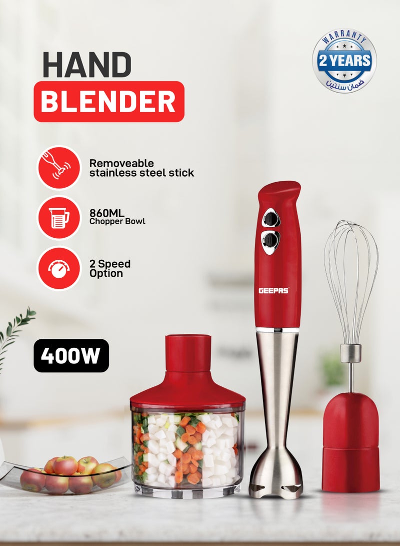 GEEPAS Hand Blender - Stainless Steel Blades with 2 Speed for Baby Food, Soup, Juice | 860ml Chopper Bowl & Electric Egg Whisk - 2 Years Warranty GHB6136 Red/Silver/Clear - Image 1