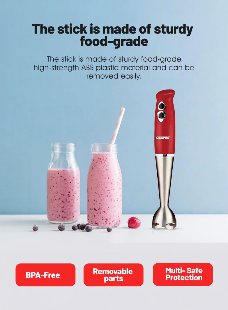 GEEPAS Hand Blender - Stainless Steel Blades with 2 Speed for Baby Food, Soup, Juice | 860ml Chopper Bowl & Electric Egg Whisk - 2 Years Warranty GHB6136 Red/Silver/Clear - Image 2
