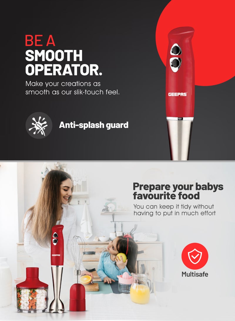 GEEPAS Hand Blender - Stainless Steel Blades with 2 Speed for Baby Food, Soup, Juice | 860ml Chopper Bowl & Electric Egg Whisk - 2 Years Warranty GHB6136 Red/Silver/Clear - Image 4