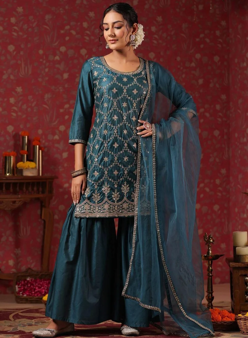 آي شين Women's Ethnic TEAL STRAIGHT POLY SILK Kurta Set with Dupatta