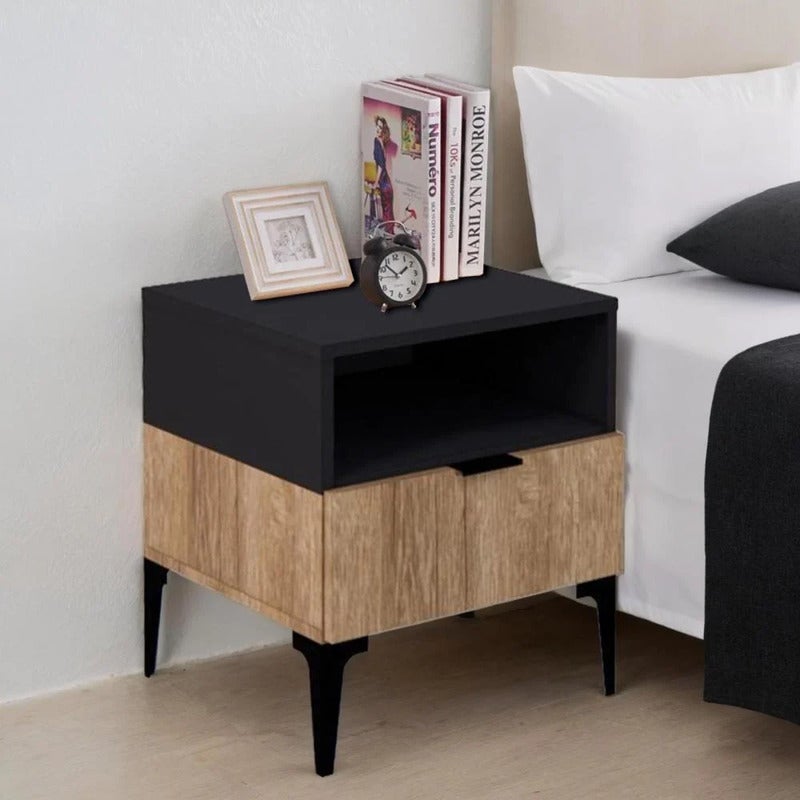 بيتي طاولة جانبية ( كمودينو ) درج ورف خشب اللون اسود وخشبي مقاس (48 × 40 × 40) سم - Image 1