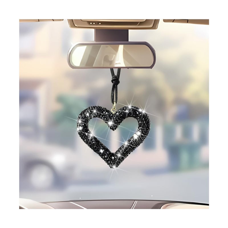 Mandark Bling Heart Car Hanging Accessories Crystal Rhinestone Vehicle Rear View Mirror Charm Pendant Ornaments Cute Diamond Auto Interior Hanger Decoration for Women GirlsBlack