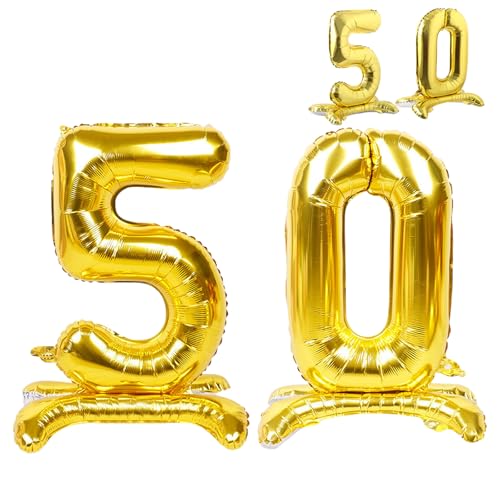 YiYou 50 Balloon Numbers Gold Giant Self Standing Number 50 Balloon Birthday Foil Balloons for 50th Birthday Party Decorations 50 Anniversary Party Supplies - Image 1