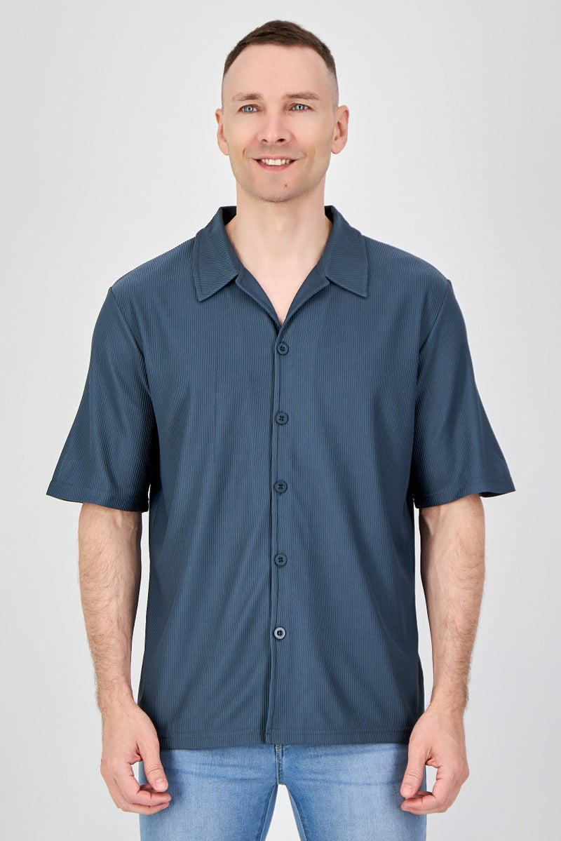 Core Elements Men Regular Fit Short Sleeve Ribbed Casual Shirts, Dark Slate Grey - Image 1