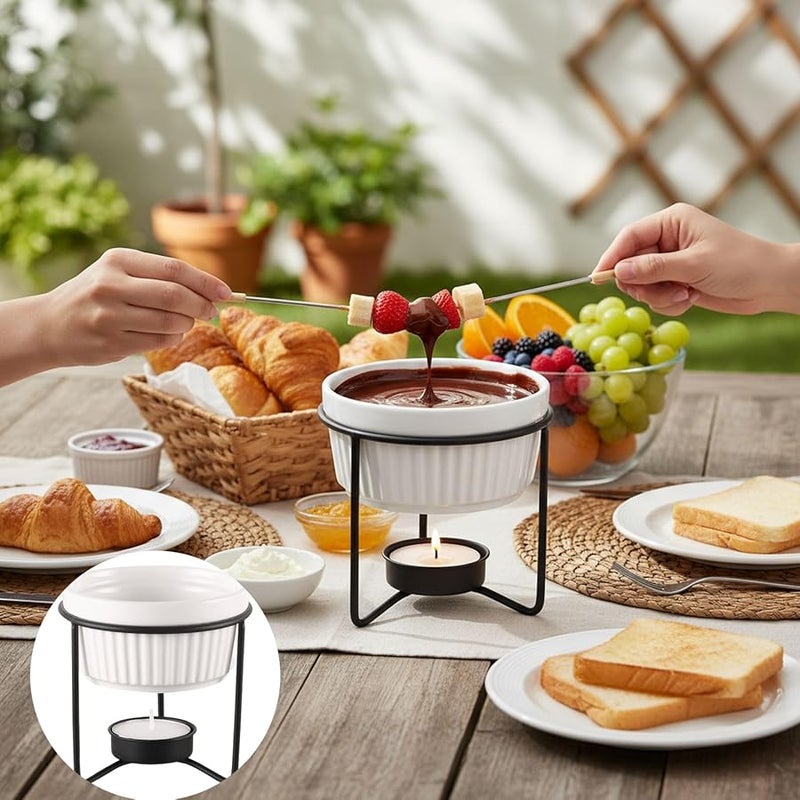 مدفأة سوداء من السيراميك للزبدة مع حامل معدني لإذابة الزبدة أو الشوكولاتة باستخدام شمعة الشاي - Image 3