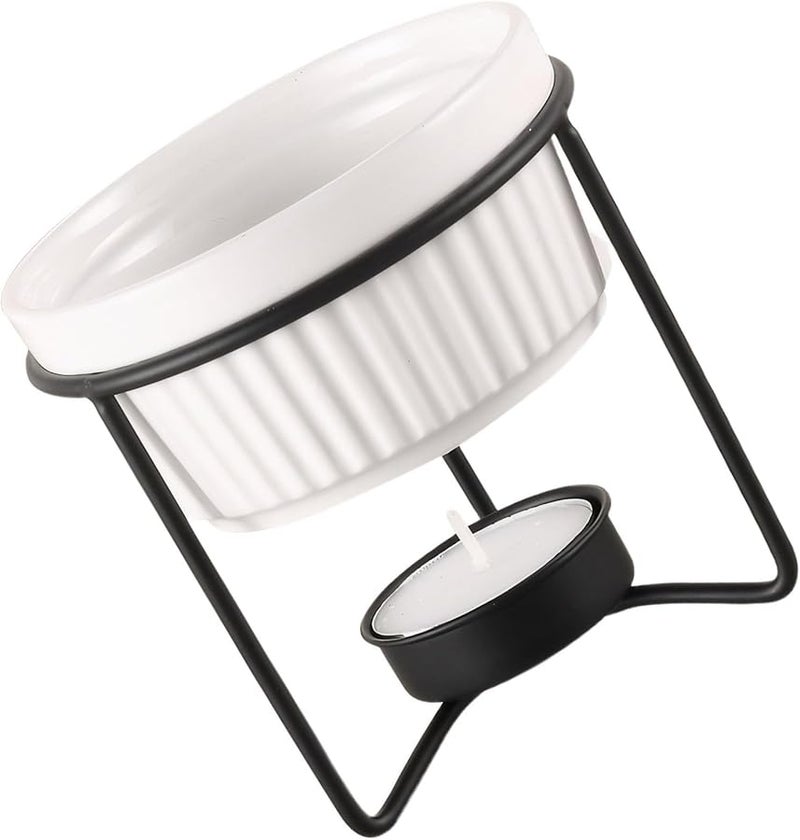 مدفأة سوداء من السيراميك للزبدة مع حامل معدني لإذابة الزبدة أو الشوكولاتة باستخدام شمعة الشاي - Image 1