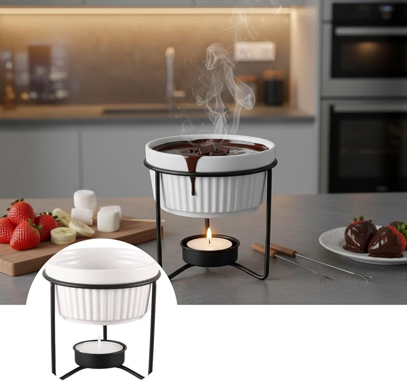 مدفأة سوداء من السيراميك للزبدة مع حامل معدني لإذابة الزبدة أو الشوكولاتة باستخدام شمعة الشاي - Image 4