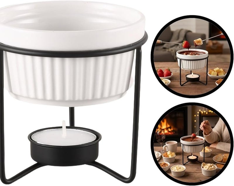 مدفأة سوداء من السيراميك للزبدة مع حامل معدني لإذابة الزبدة أو الشوكولاتة باستخدام شمعة الشاي - Image 5